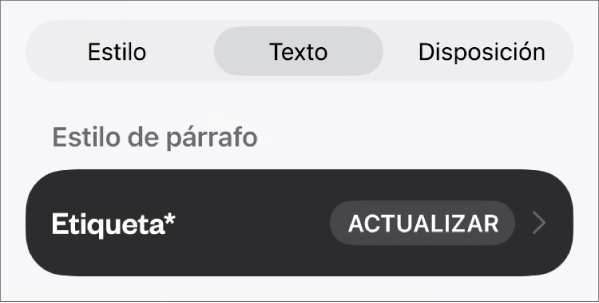 El estilo de párrafo Cuerpo con un asterisco junto a él y un botón Actualizar a la derecha.
