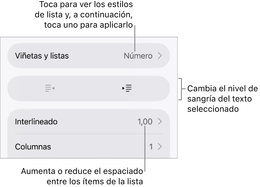 La sección “Viñetas/listas” de los controles de formato con llamadas a “Viñetas/listas”, los botones de sangría o de sangría izquierda, y los controles de interlineado.