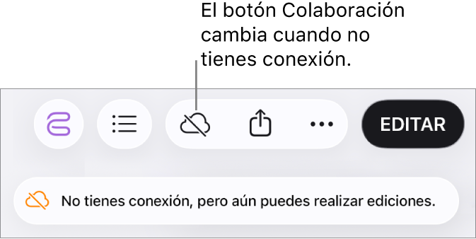 Un aviso en la pantalla dice “No tienes conexión, pero aún puedes realizar ediciones”.