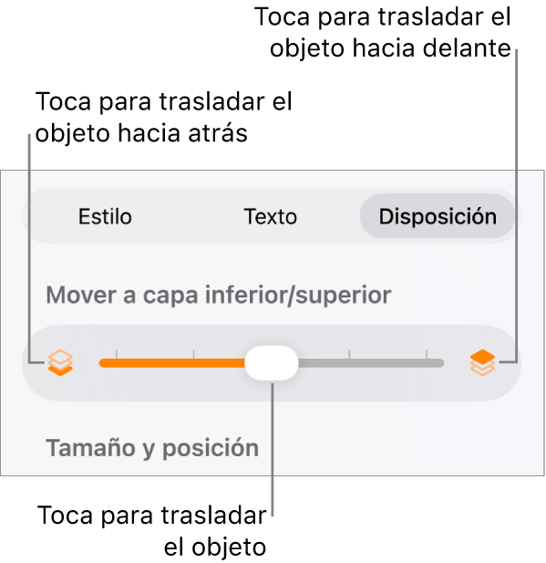 Botón “Mover hacia atrás”, botón “Mover hacia delante” y regulador de capa.