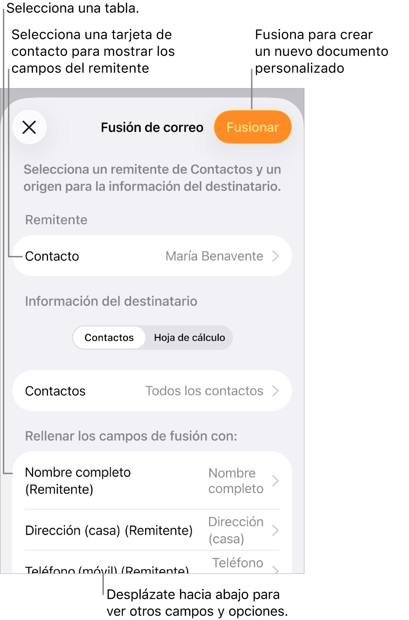 Panel de fusión de correo abierto con opciones para seleccionar la información del remitente, cambiar la tabla o el archivo de origen, previsualizar los nombres del campo de fusión o los registros individuales, o bien fusionar el documento.