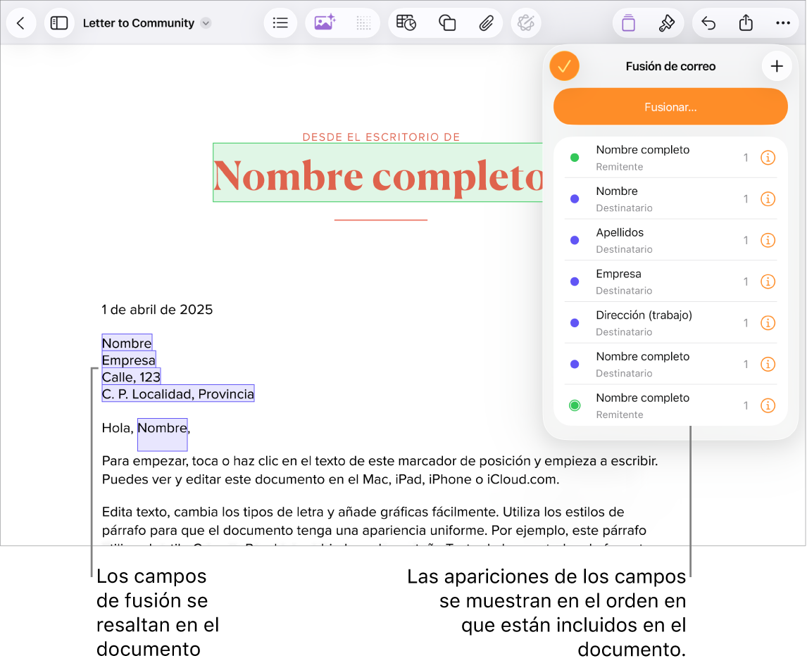 Documento de Pages con los campos de fusión de dirección del destinatario resaltando el texto del marcador de posición de texto que va a cambiarse y la lista de instancias del campo de fusión en el menú de fusión de correo.
