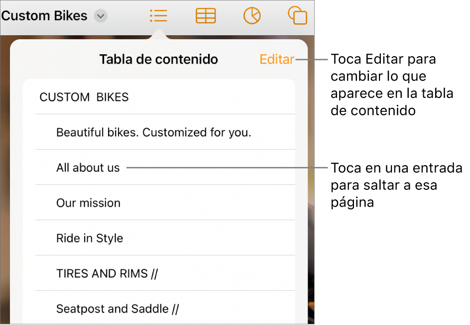 La visualización de la tabla de contenido con entradas en una lista. El botón Editar se encuentra en la esquina superior derecha de la vista.