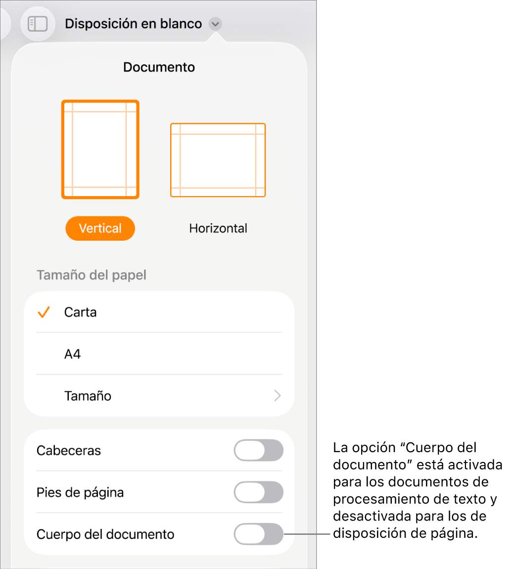 Los controles de formato del documento, teniendo seleccionada la opción “Cuerpo del documento” de cerca de la parte inferior de la pantalla.