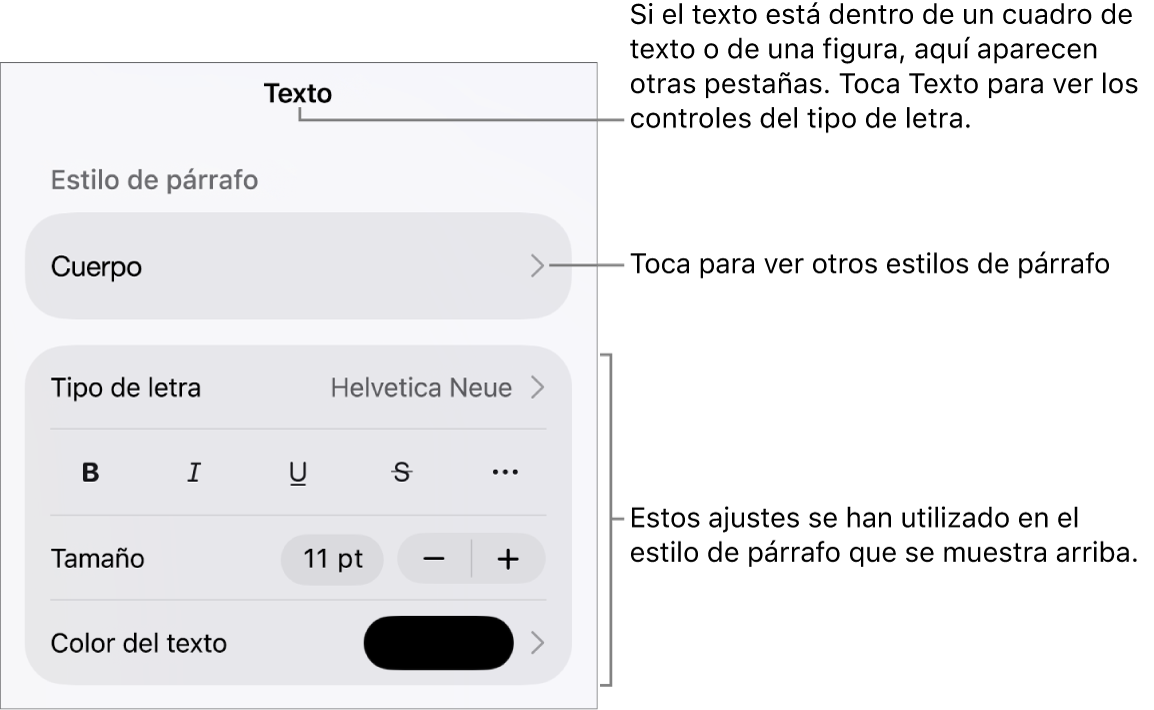 El menú Formato, que muestra controles de texto para configurar los estilos de párrafo y carácter, tipo de letra, tamaño y color.