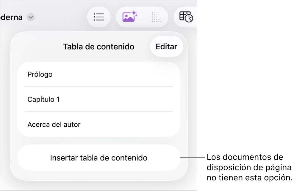 La visualización de la tabla de contenido con Editar en la esquina superior derecha, entradas de tabla de contenido y el botón “Insertar tabla de contenido” en la parte inferior.