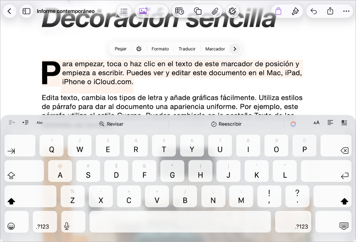 Documento de Pages abierto con texto de marcador de posición seleccionado.