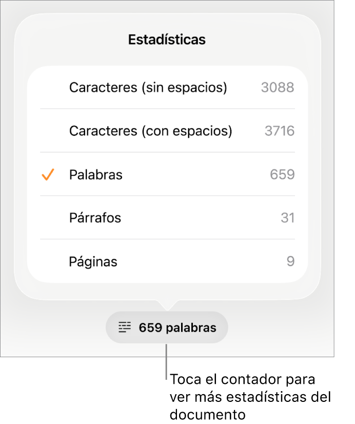 El contador de palabras con un menú que muestra las opciones para ver el número de caracteres con y sin espacios, el recuento de palabras, el recuento de párrafos y el recuento de páginas.