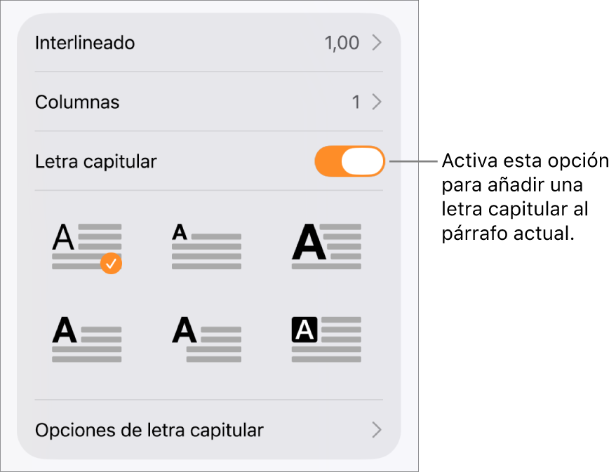 Los controles de “Letra capitular” situados en el menú Texto.