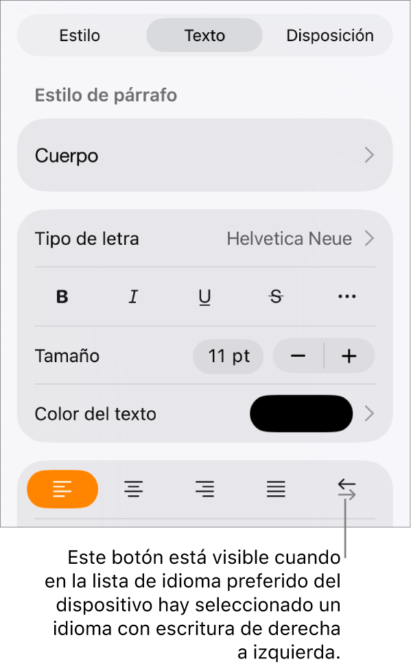 Controles de texto del menú Formato con una llamada al botón “De derecha a izquierda”.