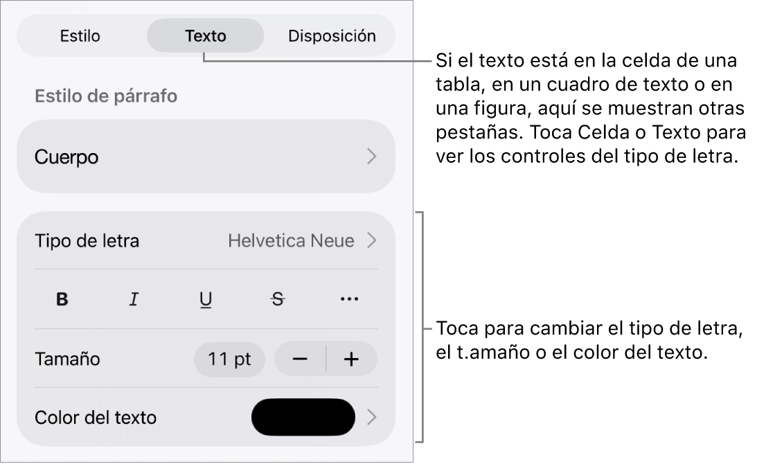 Controles de texto en el menú Formato para configurar los estilos de párrafo y carácter, tipo de letra, tamaño y color.