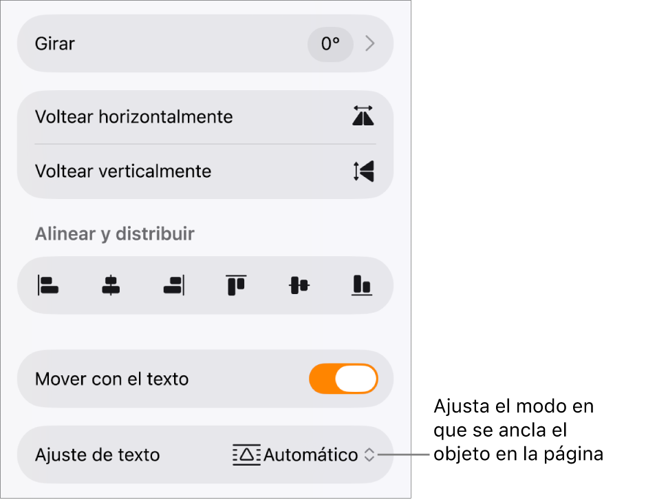 Los controles de formato con la pestaña Disposición seleccionada y controles para “Mover a capa inferior/superior”, “Mover con el texto” y “Ajuste de texto”.