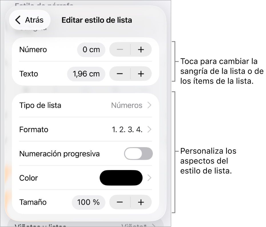 Menú “Estilo de lista” con controles para el interlineado de la sangría, el tipo de lista y el formato, la numeración progresiva, el color de la lista y el tamaño, y la numeración continua.