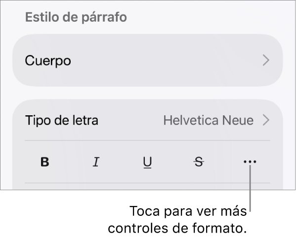 La pestaña Texto de los controles de formato, con una llamada al botón “Más opciones de texto”.