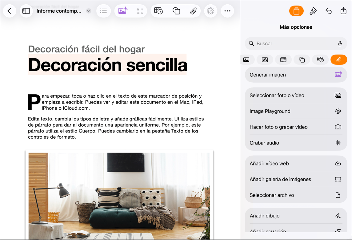 Documento de Pages abierto con el menú Insertar y el menú Multimedia abierto.
