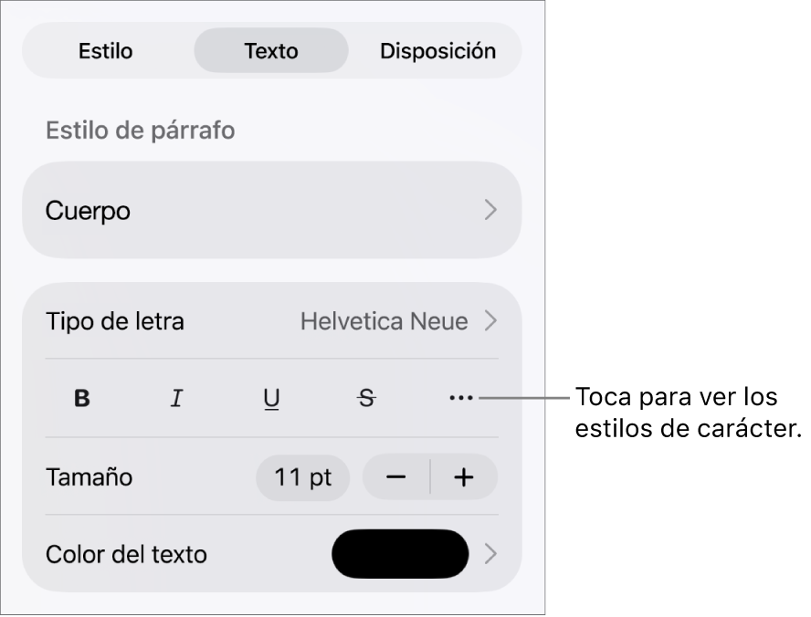 Los controles de Formato con los estilos de párrafo en la parte superior y, después, los controles de “Tipo de letra”. Debajo de “Tipo de letra” están los botones Negrita, Cursiva, Tachado y “Más opciones de texto”