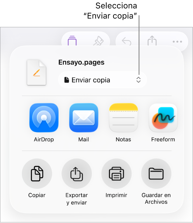 El menú Compartir con la opción “Enviar copia” seleccionada en la parte superior.