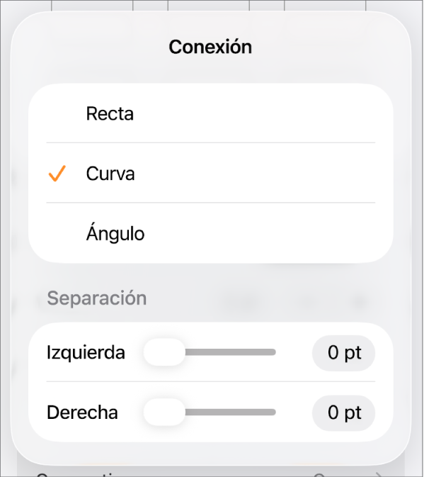 Controles de Conexión con la opción Curva seleccionada.