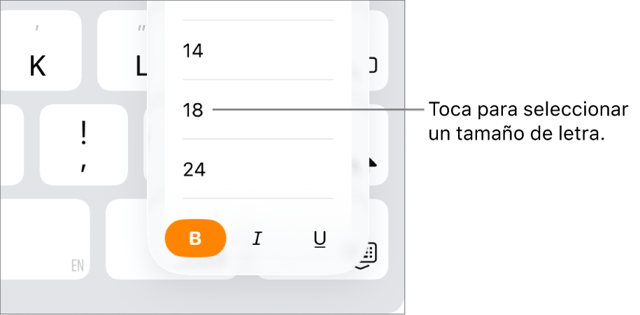 El botón “Tamaño de letra” en la parte derecha del teclado del iPad con el menú “Tamaño de la letra”. En la parte superior del menú aparecen los tamaños de tipo de letra estándar gubernamentales de China continental, con los tamaños en puntos debajo.