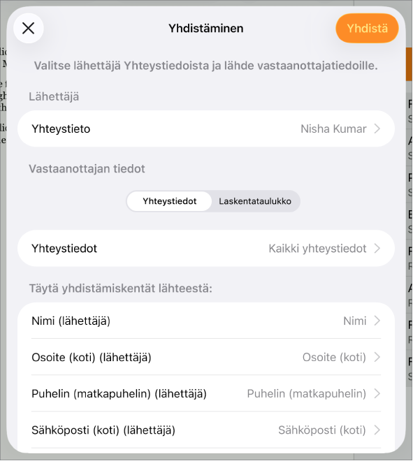 Yhdistäminen-osio avoinna, näkyvillä valinnat lähettäjän tietojen valitsemiseen, lähdetiedoston tai -taulukon muuttamiseen, yhdistämiskenttien nimien esikatseluun tai dokumentin yhdistämiseen.