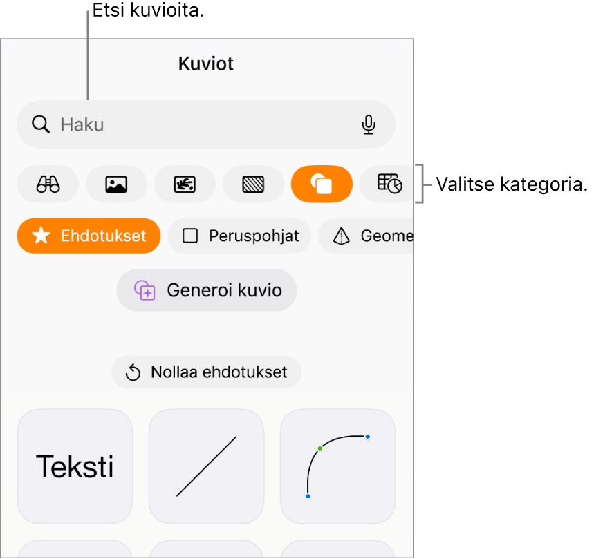 Kuviokirjasto, jossa näkyy yläreunassa kategorioita ja alla kuvioita. Voit etsiä kuvioita yläreunassa olevan hakukentän avulla ja näyttää niitä lisää pyyhkäisemällä.