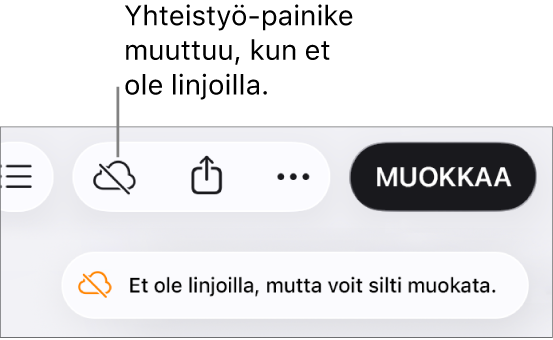 Näytöllä näkyvässä ilmoituksessa lukee ”Et ole linjoilla, mutta voit silti muokata.”