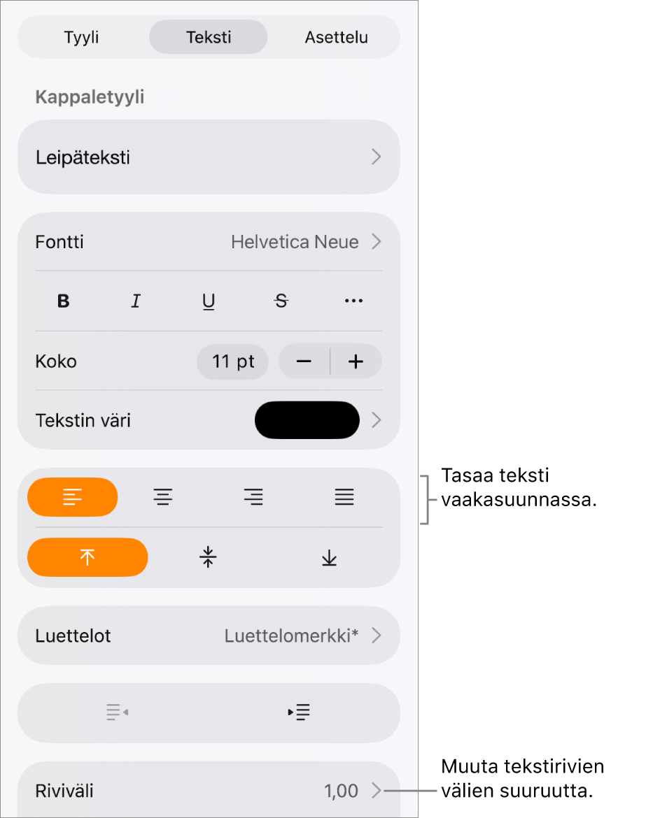 Muoto-säätimet-painike, jossa Teksti-välilehti valittuna sekä tekstin tasauspainikkeiden ja Riviväli-valikkokohteen selitteet.