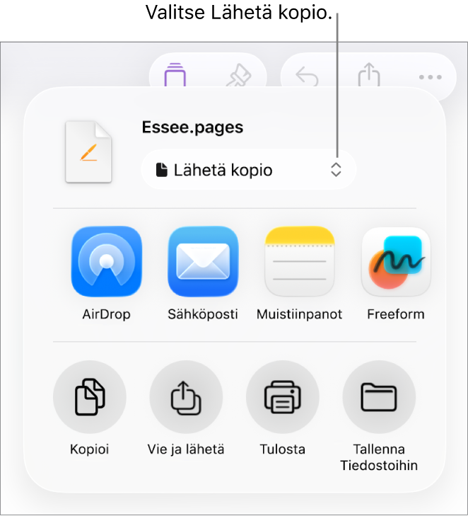 Jaa-valikko, jossa on ylhäällä valittuna Lähetä kopio.
