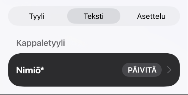 Leipäteksti-kappaletyyli, jonka vieressä on tähtimerkki ja oikealla puolella Päivitä-painike.