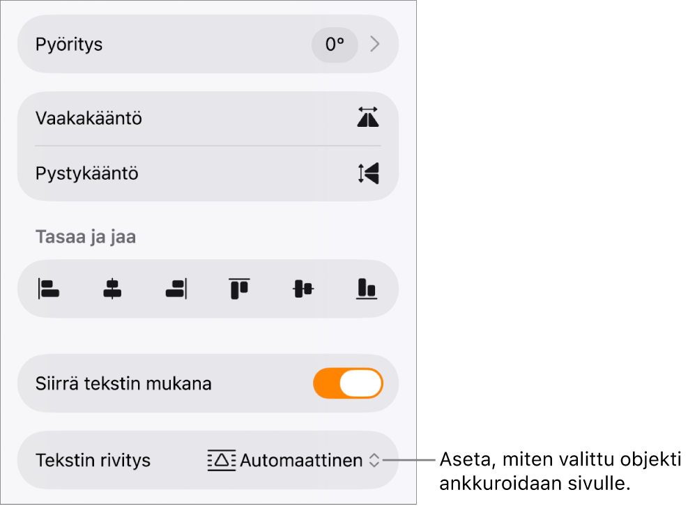 Muoto-säätimet Asettele-välilehden ollessa valittuna sekä säätimet toiminnoille Siirrä taakse/eteen, Tekstin mukana ja Tekstin rivitys.