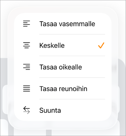 Muoto-palkki, jossa näkyy säätimiä tekstin sisentämiseen ja kappaleiden tasaamiseen.