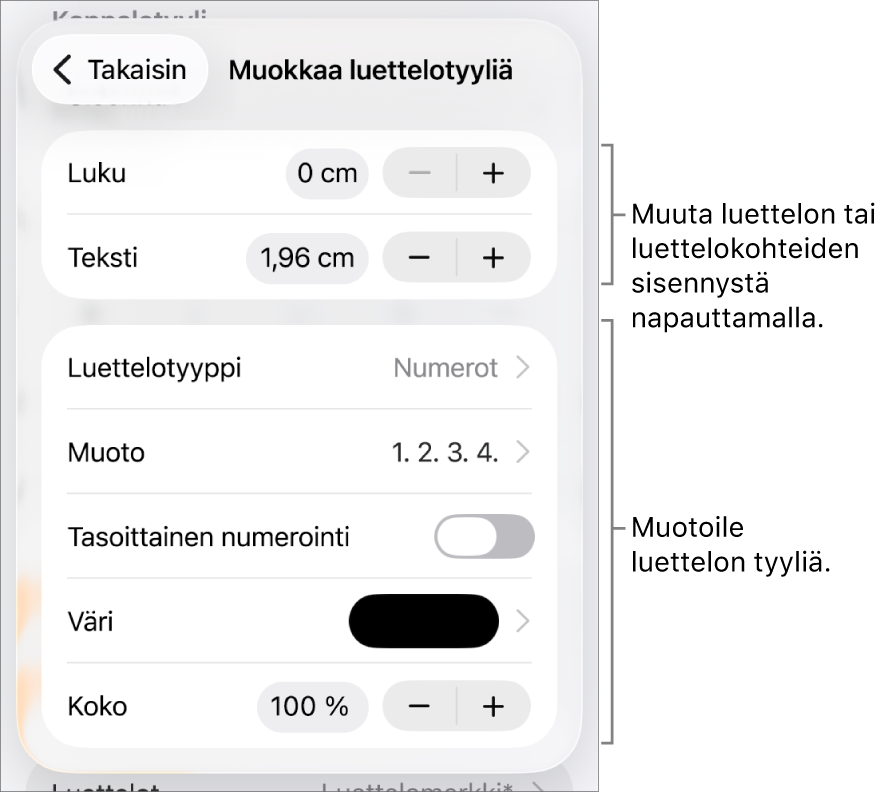 Muokkaa luettelotyyliä -valikko, jossa on säätimet sisennysten välistystä, luettelotyyppiä ja -muotoa, tasoittaista numerointia, luettelon väriä ja kokoa sekä jatkuvaa numerointia varten.