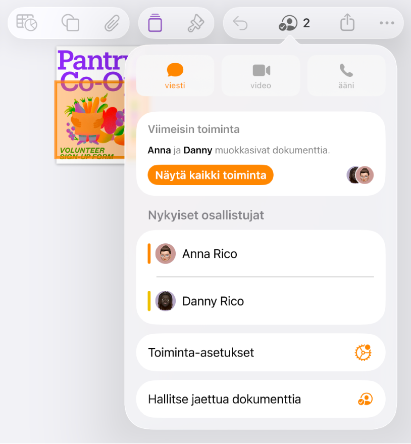 Yhteistyövalikko, jossa näkyvät dokumentin parissa yhteistyötä tekevien käyttäjien nimet.