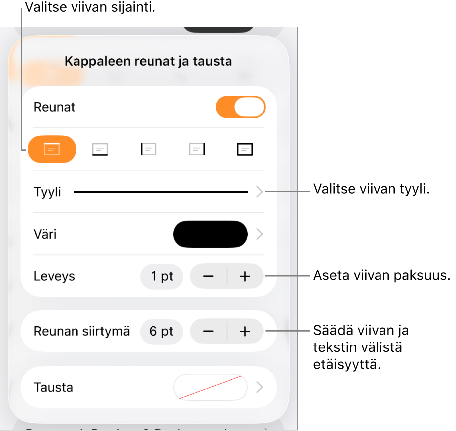 Säätimiä viivan tyylin, paksuuden, sijainnin ja värin muuttamiseen.