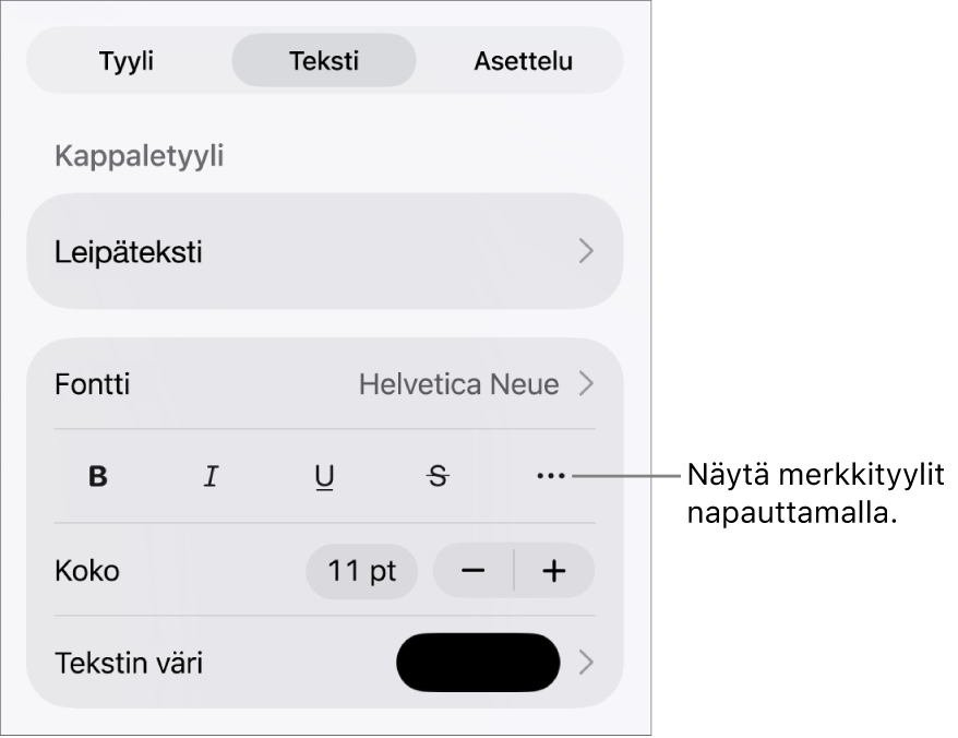 Muoto-säätimet, joiden yläreunassa on kappaletyylit, ja Fontti-säätimet. Fontin alla on seuraavat painikkeet: Lihavointi, Kursivointi, Alleviivaus, Yliviivaus ja Lisää tekstivalintoja.