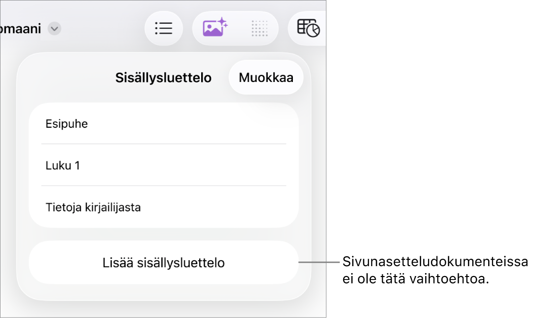 Sisällysluettelonäkymä, jossa on Muokkaa oikeassa yläkulmassa sekä sisällysluettelon kohteet ja Lisää sisällysluettelo -painike alhaalla.