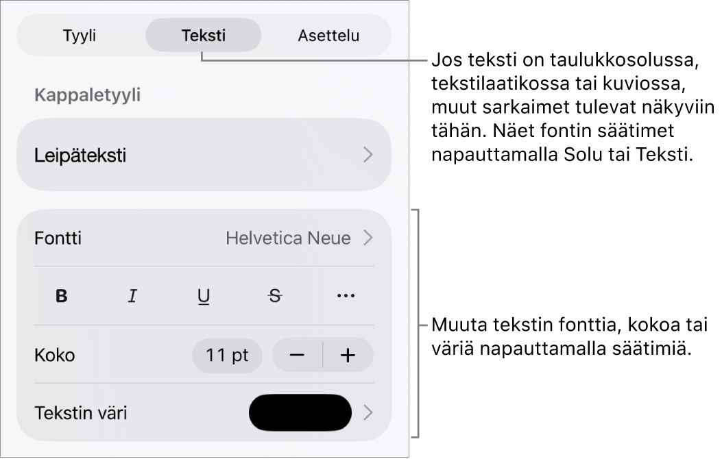 Muoto-valikon tekstisäätimet kappale- ja merkkityylien, fontin, koon ja värin valitsemista varten.