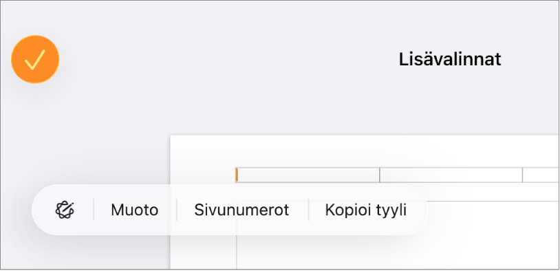 Kolme yläotsakekenttää, joista keskimmäisessä on lisäyskohta, ja ponnahdusvalikko, jossa näkyy Sivunumerot.