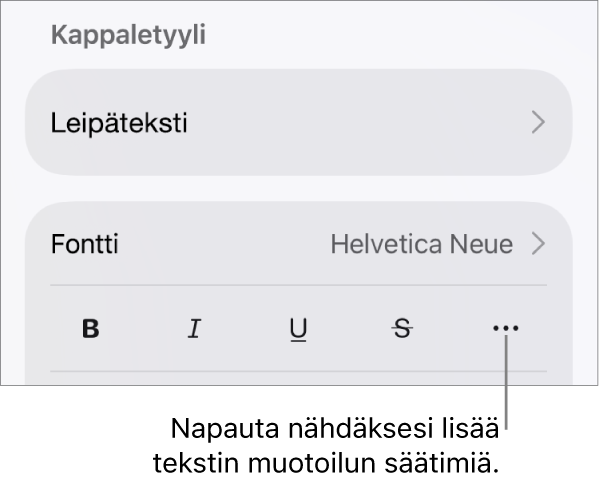 Muoto-säätimien Teksti-välilehti, jossa Lisää tekstivalintoja -painikkeen selite.