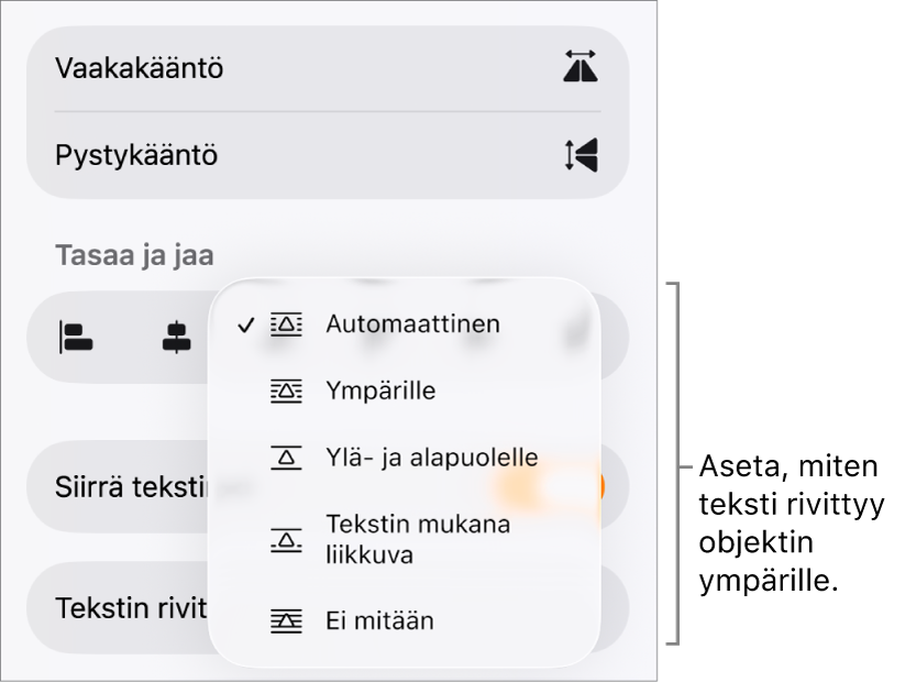 Muoto-säätimet Asettele-välilehden ollessa valittuna. Sen alla Tekstin rivitys -säätimet, joissa on Siirrä taakse/eteen, Siirrä tekstin kanssa ja Tekstin rivitys.