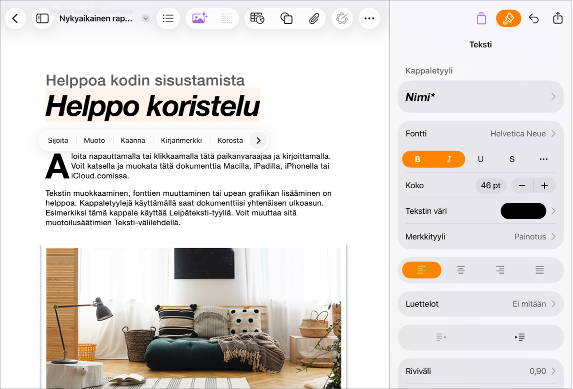 Avoin Pages-dokumentti, jossa tekstiä valittuna ja tekstin muotoilun vaihtoehdot avattuna.