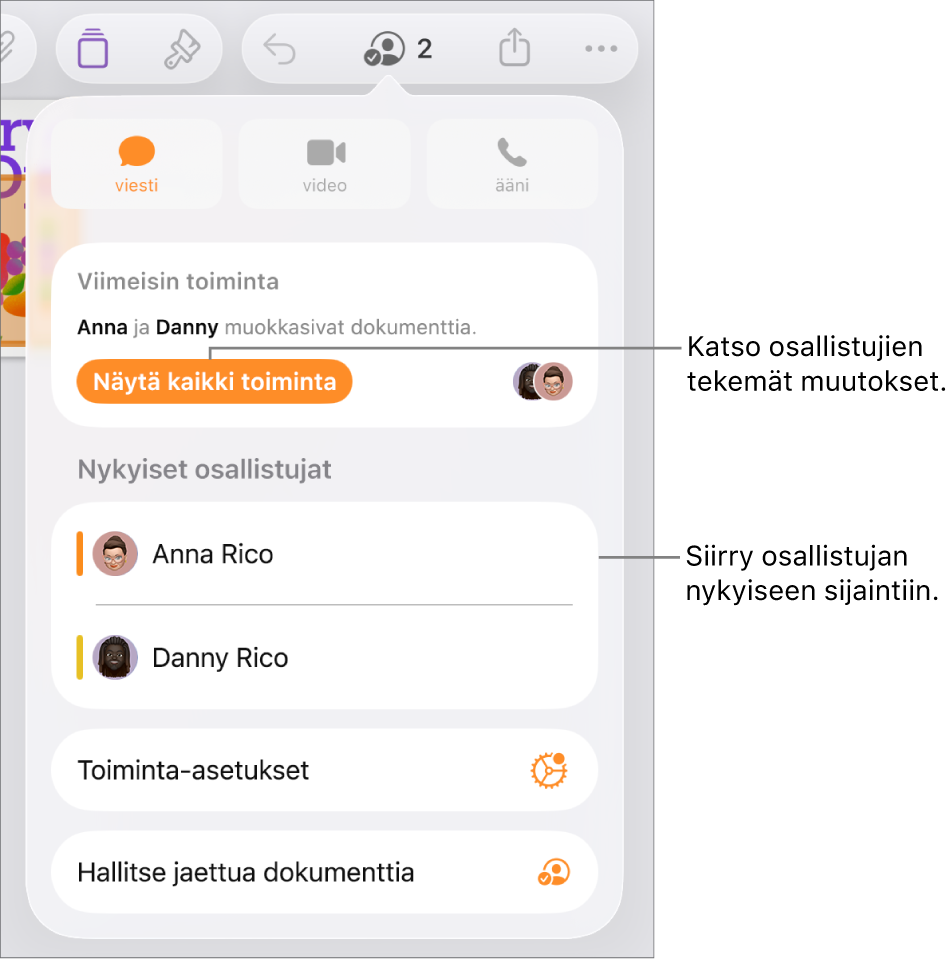 Yhteistyövalikko, jonka luettelossa on nykyiset osallistujat.
