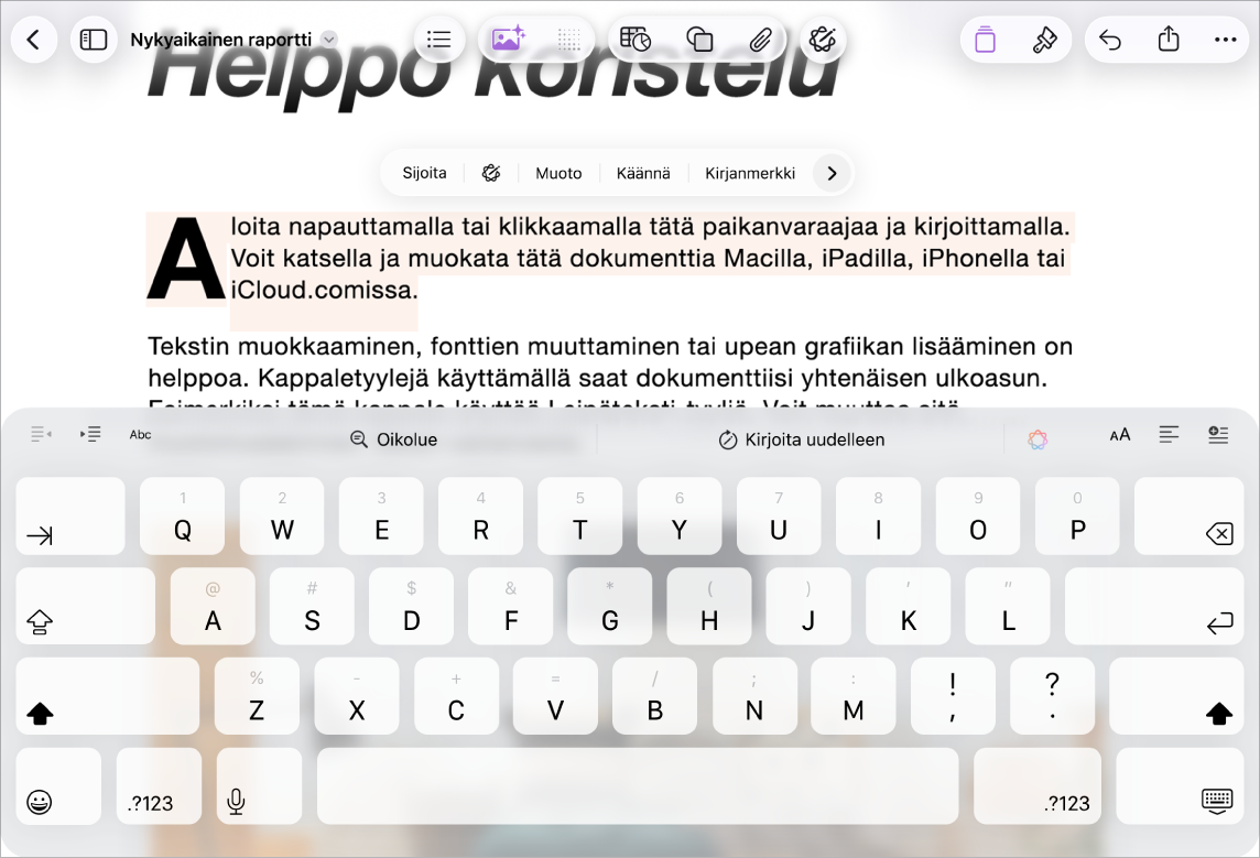Avoin Pages-dokumentti, jossa paikanvaraajan teksti valittuna.