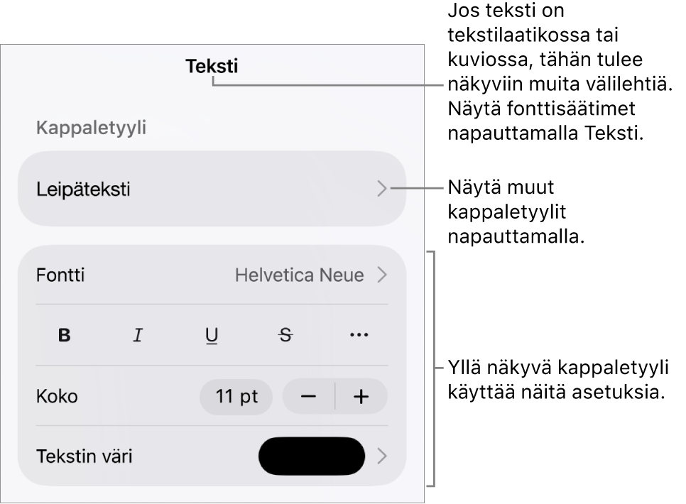 Muoto-valikko, jossa on tekstisäätimet kappale- ja merkkityylien, fontin, koon ja värin valitsemista varten.