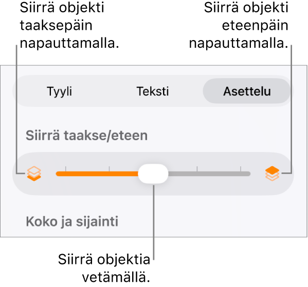 Siirrä taakse -painike, Siirrä eteen -painike ja kerrosliukusäädin.