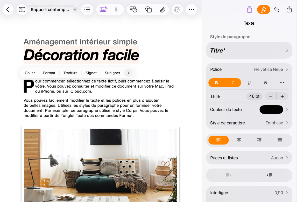 Document Pages ouvert avec le texte sélectionné et les options de mise en forme de texte ouvertes.