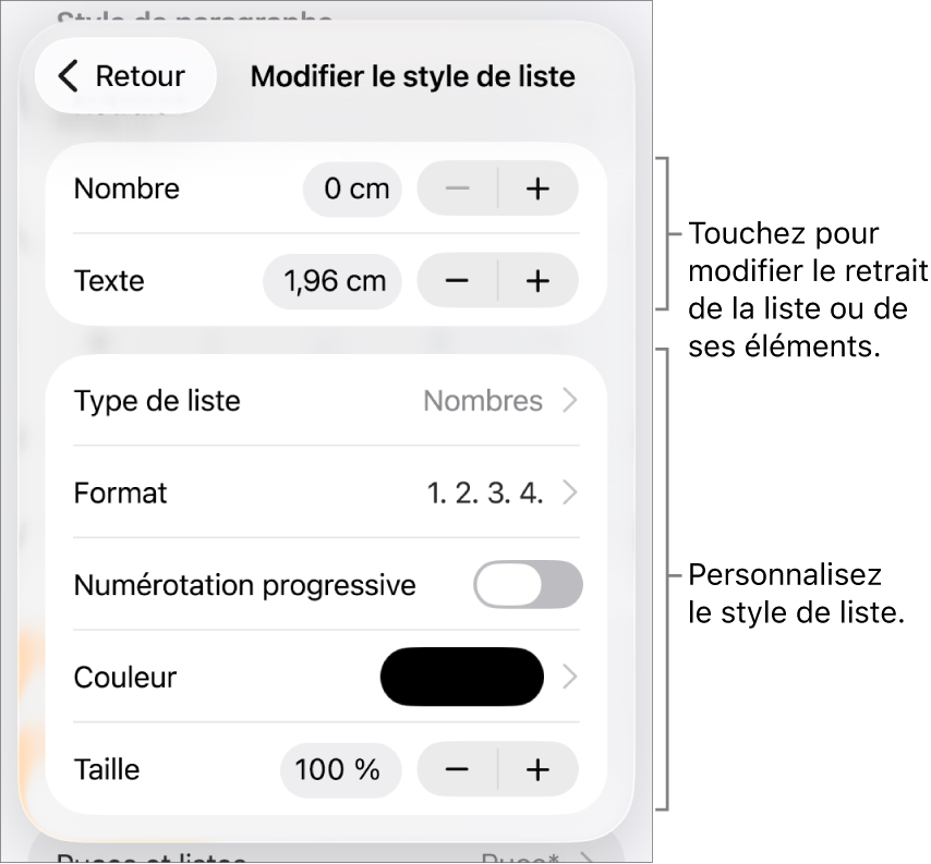 Menu Modifier le style de liste avec les commandes pour le retrait, le type et le format de liste, la numérotation progressive, la couleur et la taille, et la numérotation continue.