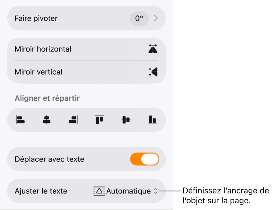 Les commandes Format avec l’onglet Disposition sélectionné et les commandes « Déplacer vers l’arrière/avant », « Déplacer avec texte » et « Ajustement du texte ».