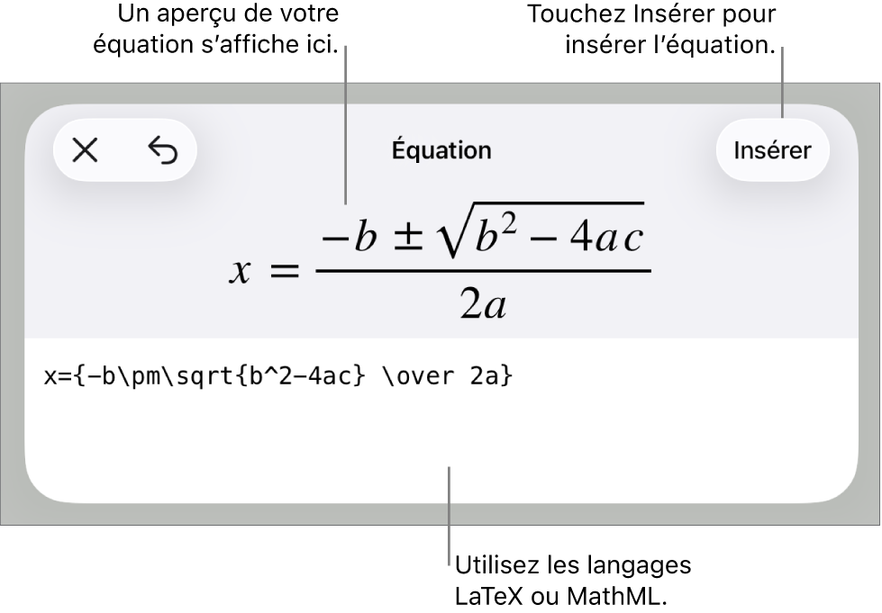 Zone de dialogue Équation, affichant une équation composée à l’aide des commandes MathML et aperçu de la formule au-dessus.