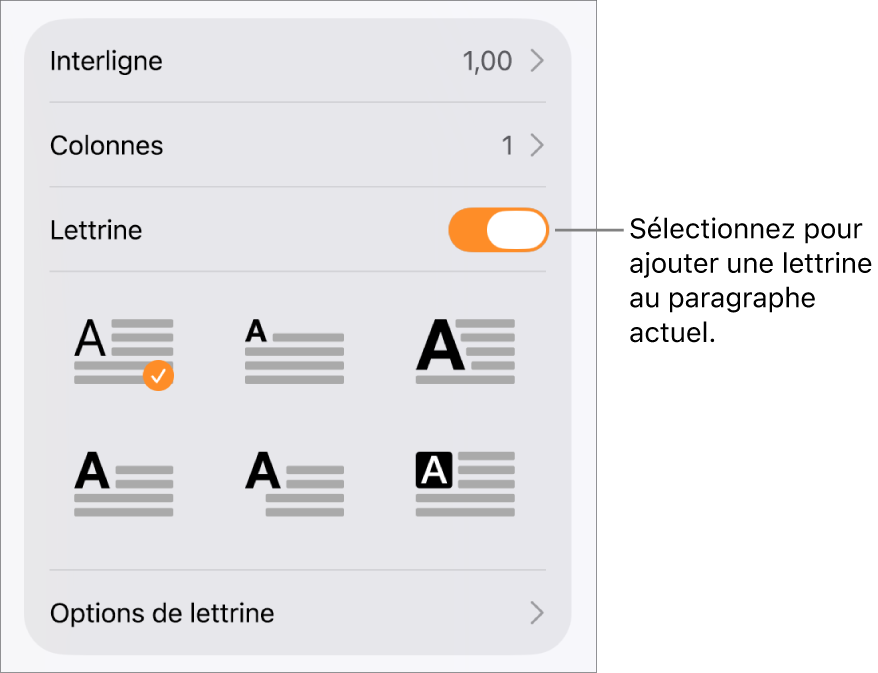 Les commandes Lettrine situées dans le menu Texte.